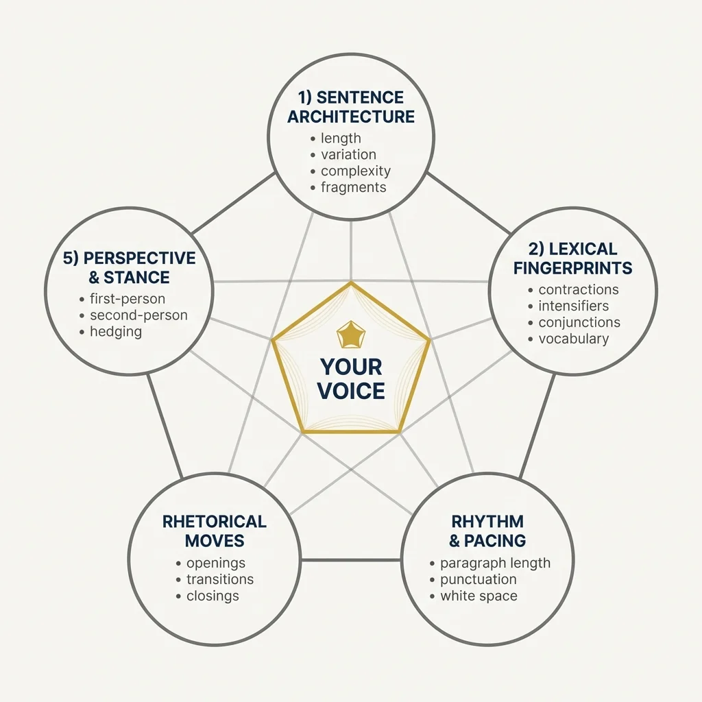 Visual overview of the five dimensions of measurable style: sentence architecture, lexical fingerprints, rhythm and pacing, rhetorical moves, and perspective and stance