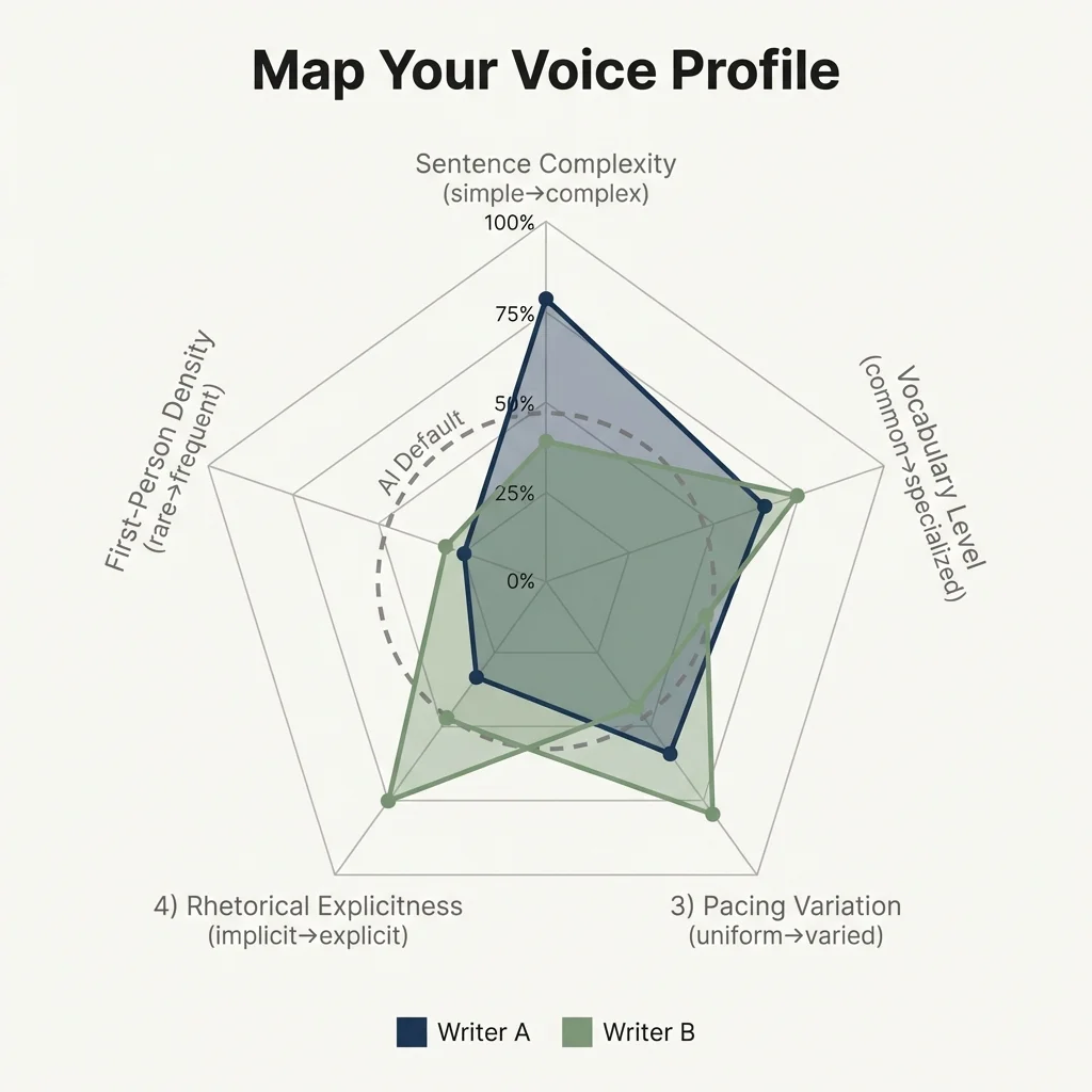 Radar chart comparing the stylometric profiles of five New Yorker writers across sentence length, vocabulary level, punctuation style, perspective usage, and rhetorical structure