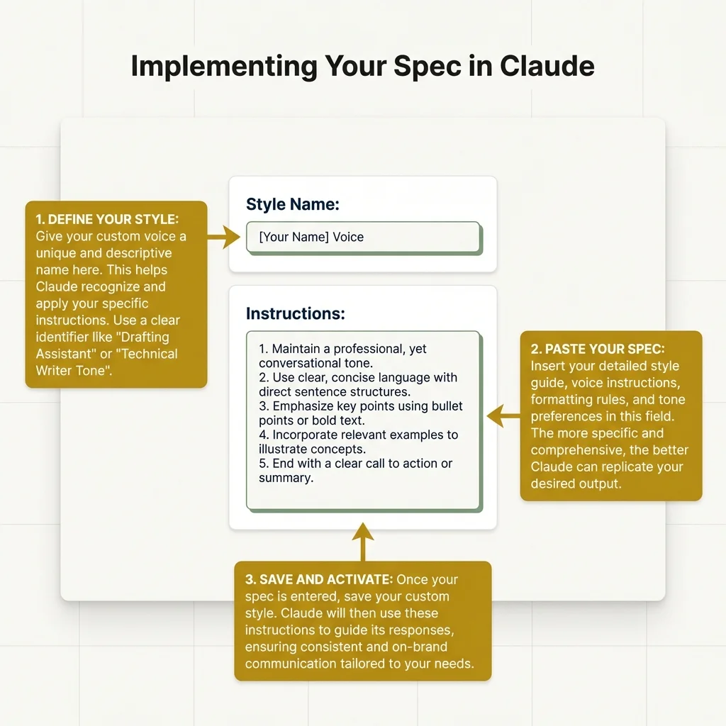 Screenshot showing Claude's custom styles interface with the five-step implementation process: prepare, access, structure, test, and iterate