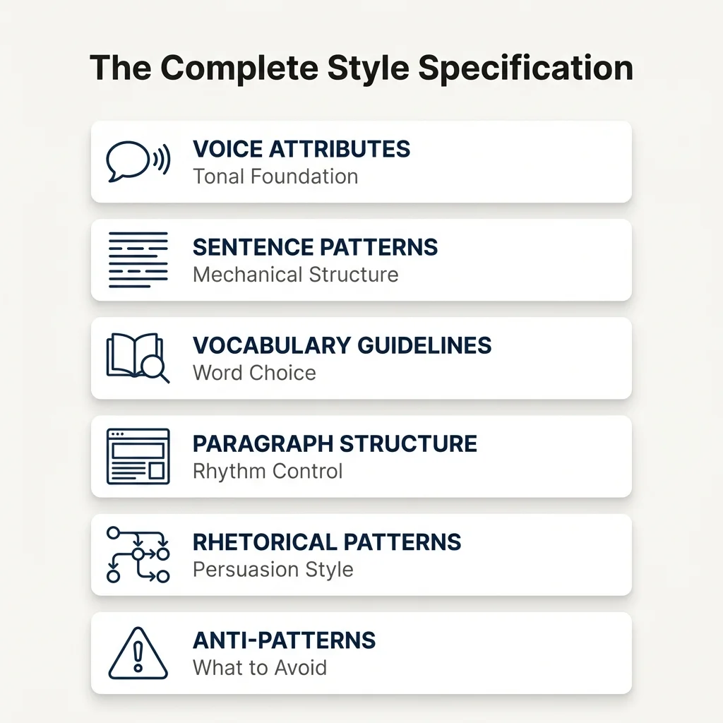Visual overview of the six components of a complete style specification: voice attributes, sentence patterns, vocabulary guidelines, structural preferences, rhetorical moves, and sample passages