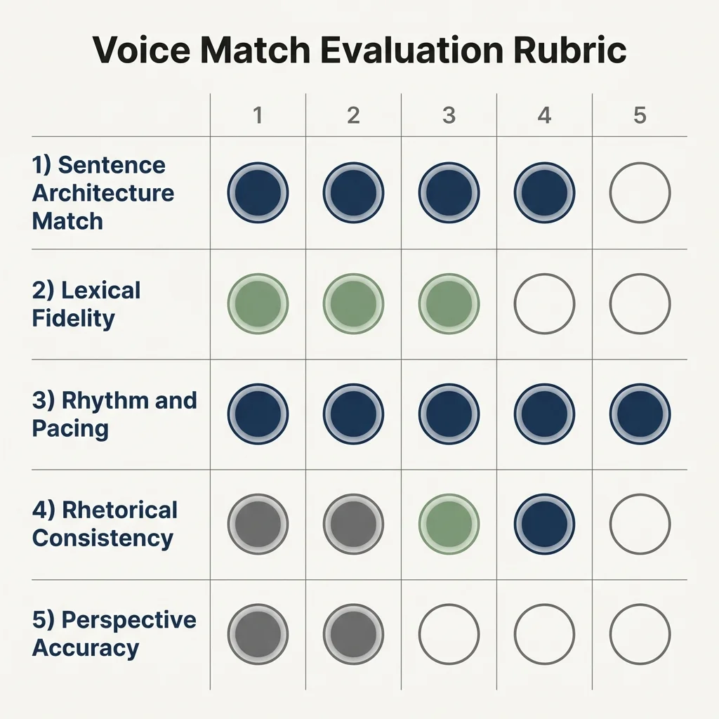 Visual overview of the five-point voice evaluation rubric showing the five dimensions: sentence architecture, lexical fidelity, rhythm and pacing, rhetorical alignment, and stance consistency