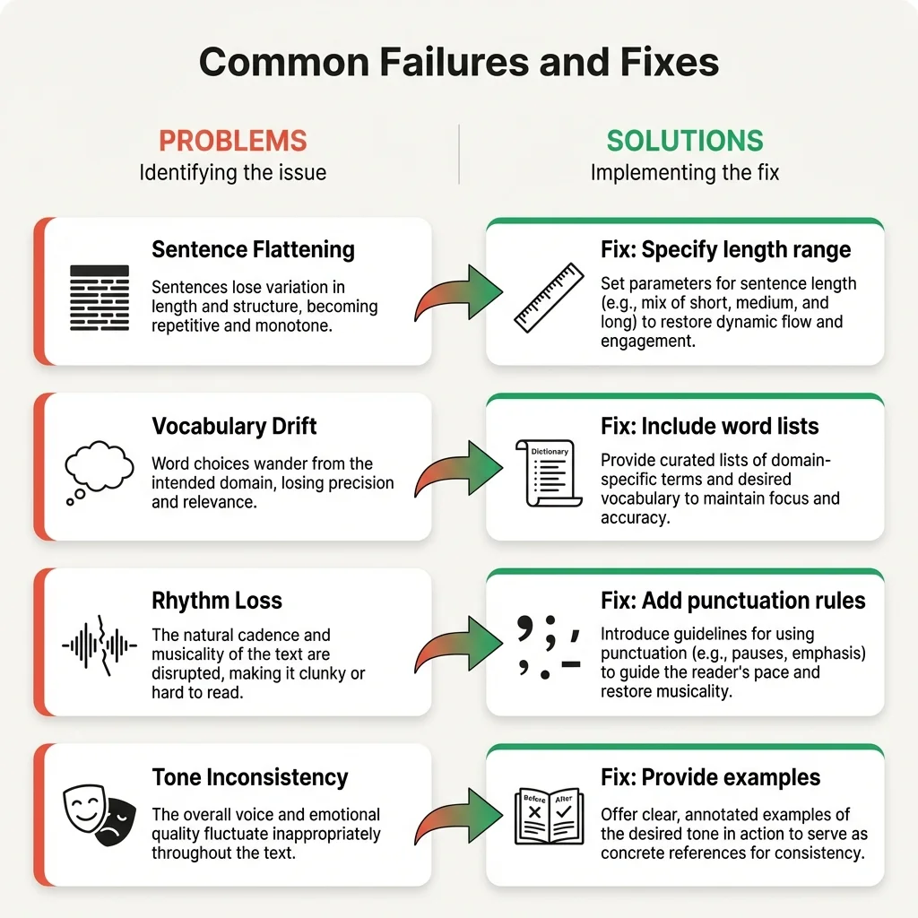 Diagram showing the five common failure patterns in AI voice matching: vocabulary slip, rhythm drift, tone mismatch, structure override, and context collapse, with their symptoms and fixes