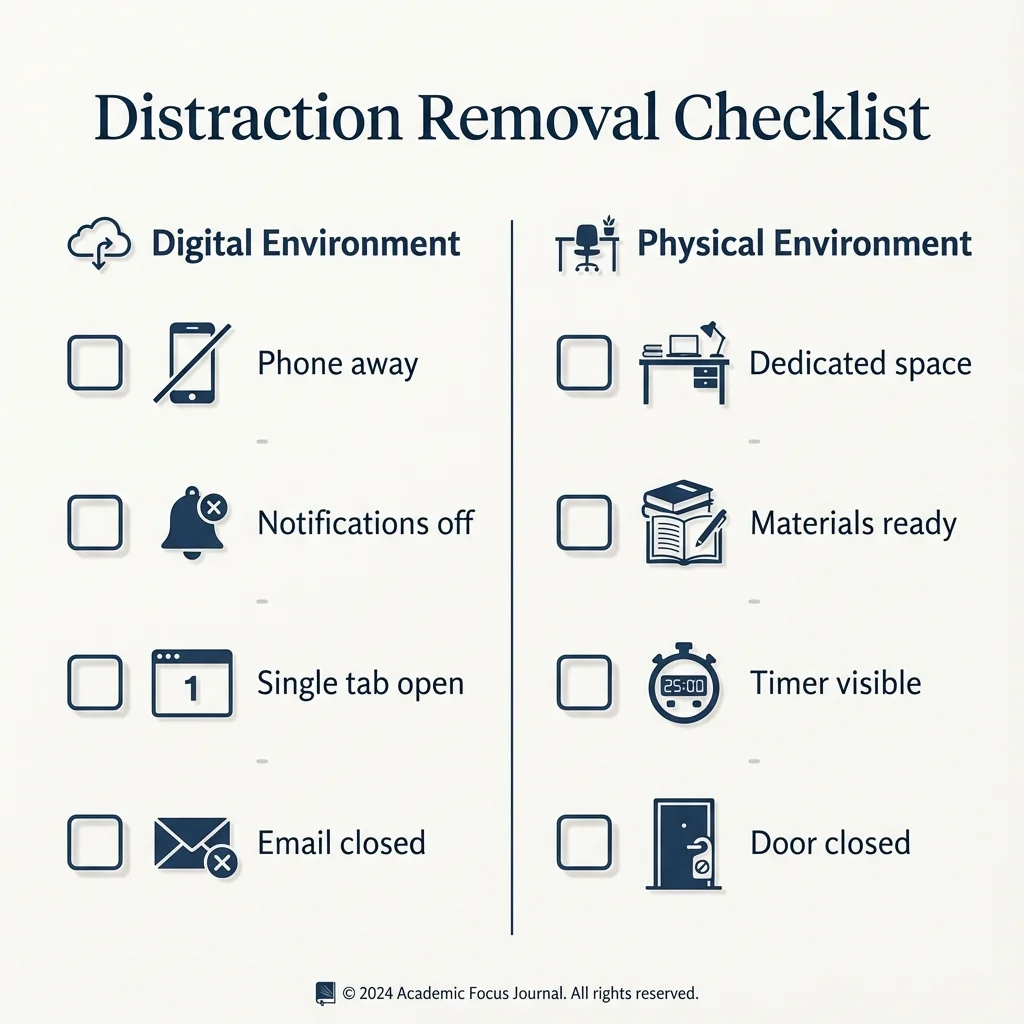 Two-column checklist: Digital Environment (phone away, notifications off, single tab, email closed) and Physical Environment (dedicated space, materials ready, timer visible, door closed)