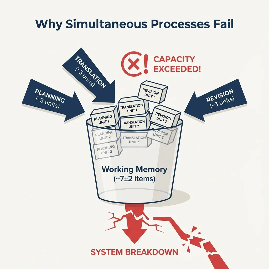 Diagram showing working memory container being overwhelmed by planning, translation, and revision processes each requiring ~3 units, exceeding the 7±2 item capacity