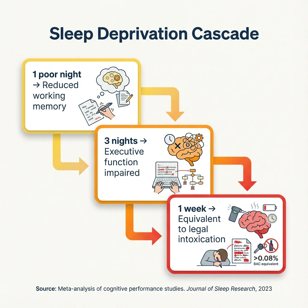 Stepped diagram showing cumulative sleep deprivation effects: 1 poor night reduces working memory, 3 nights impairs executive function, 1 week equals legal intoxication