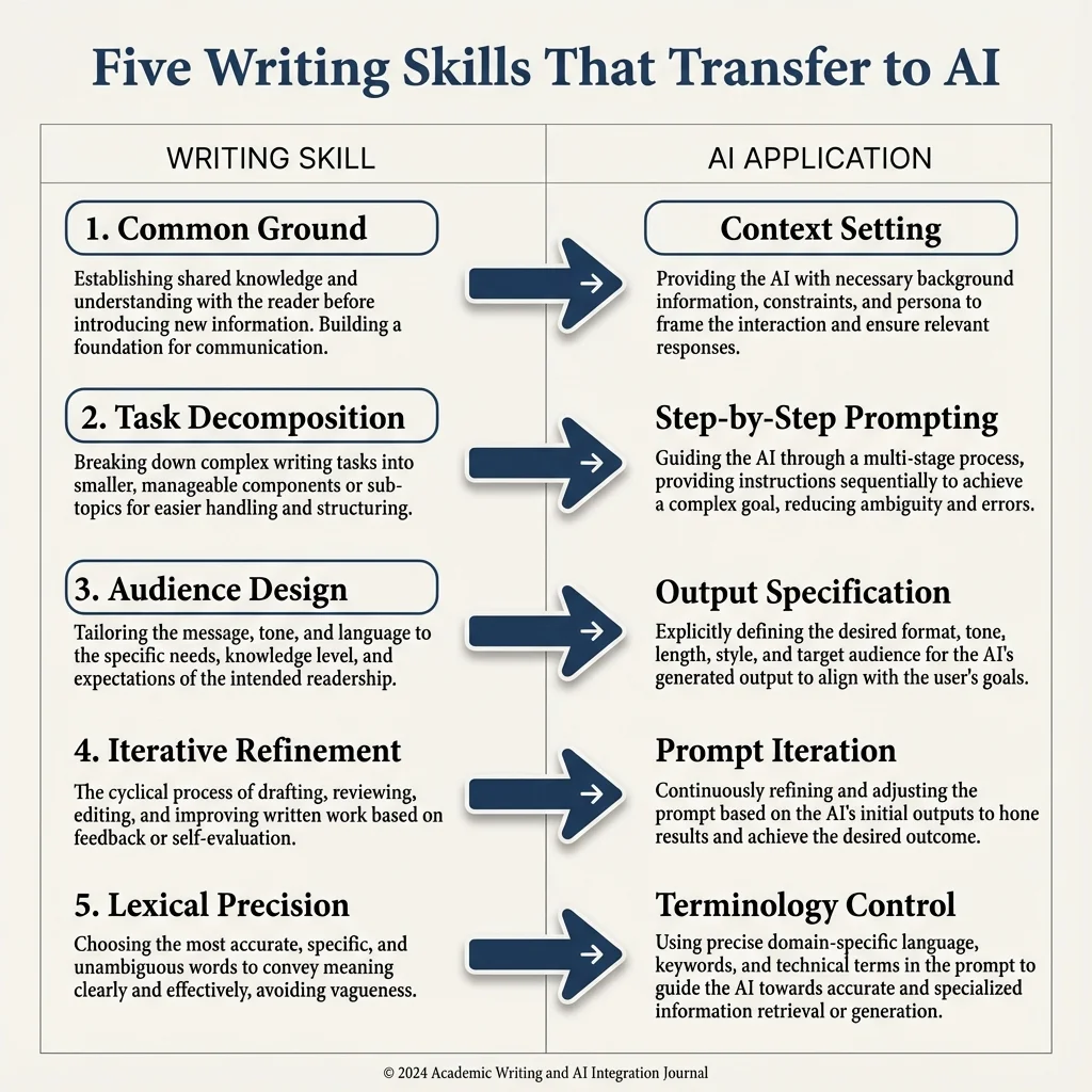 Circular diagram showing five transferable writing skills for AI prompting: 1) Common Ground Establishment (context setting), 2) Task Decomposition (chain of thought), 3) Audience Design (persona specification), 4) Iterative Refinement (revision process), 5) Lexical Precision (vocabulary specificity)