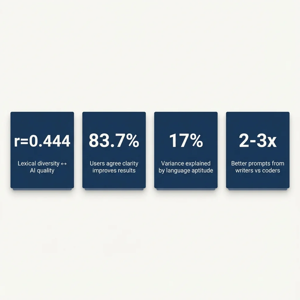 Bar chart showing three key statistics: r=0.444 correlation between lexical diversity and AI output quality, 17% variance explained by language aptitude in programming outcomes, 83.7% of users agree clarity improves AI results