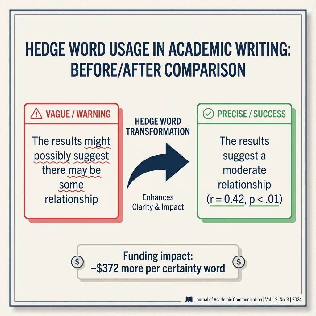 Side-by-side comparison showing vague hedging versus precise hedging. Vague: 'might possibly suggest there may be some relationship' vs. Precise: 'suggest a moderate relationship (r = 0.42, p < .01)' with arrows showing the transformation