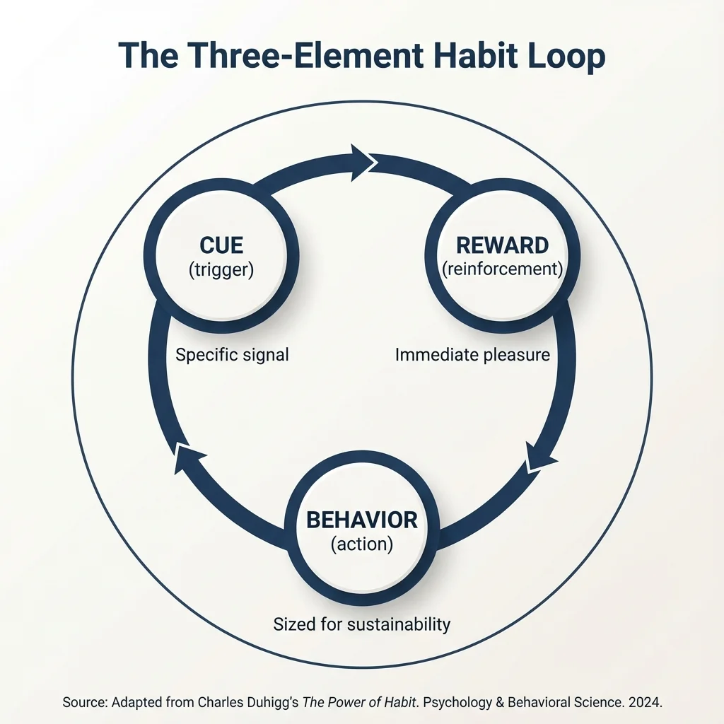 Circular diagram showing CUE (specific trigger) → BEHAVIOR (action sized for sustainability) → REWARD (immediate reinforcement) → back to CUE